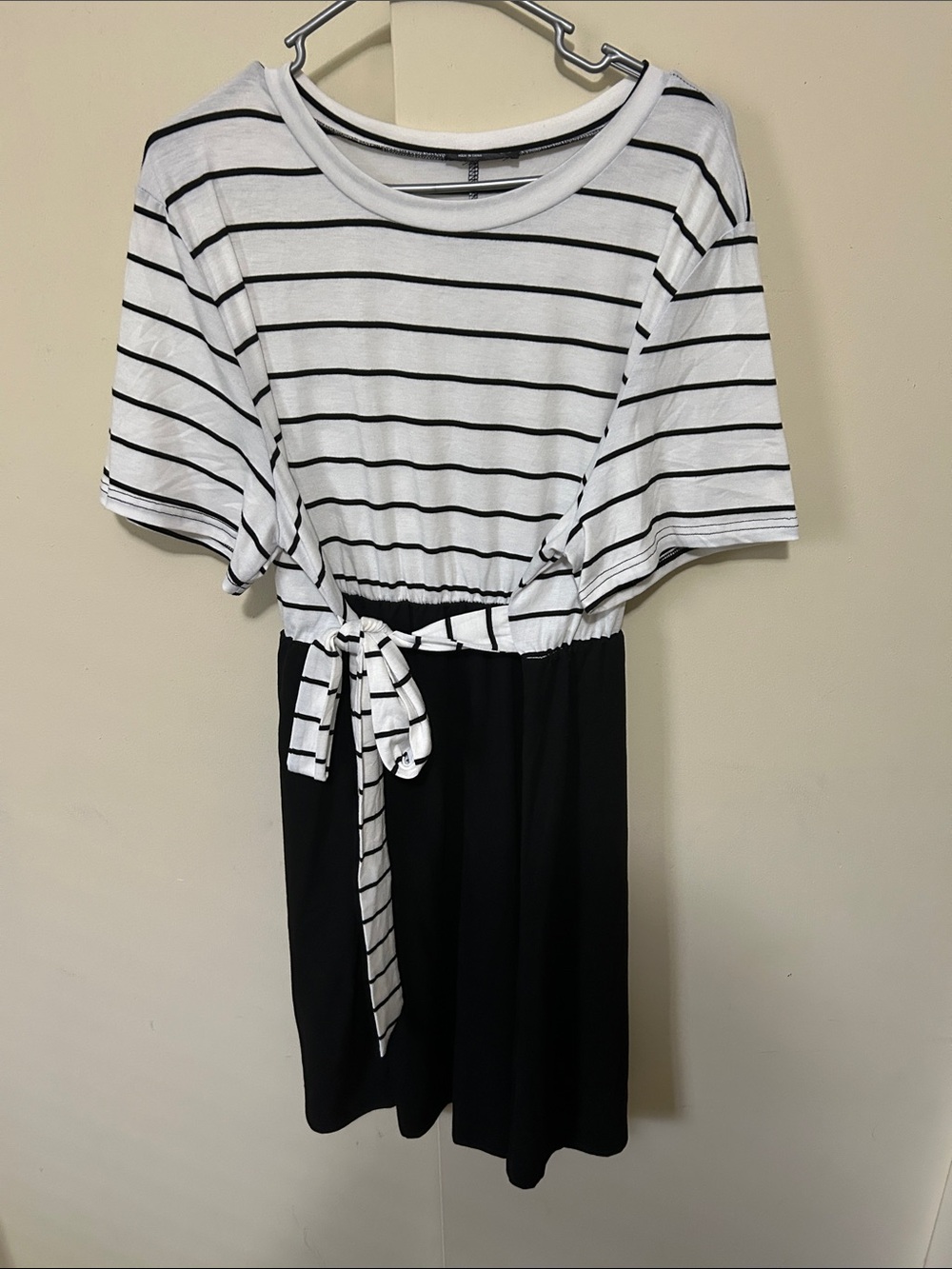 Fits like a 2X-Striped Black and White Tie-Waist Dress